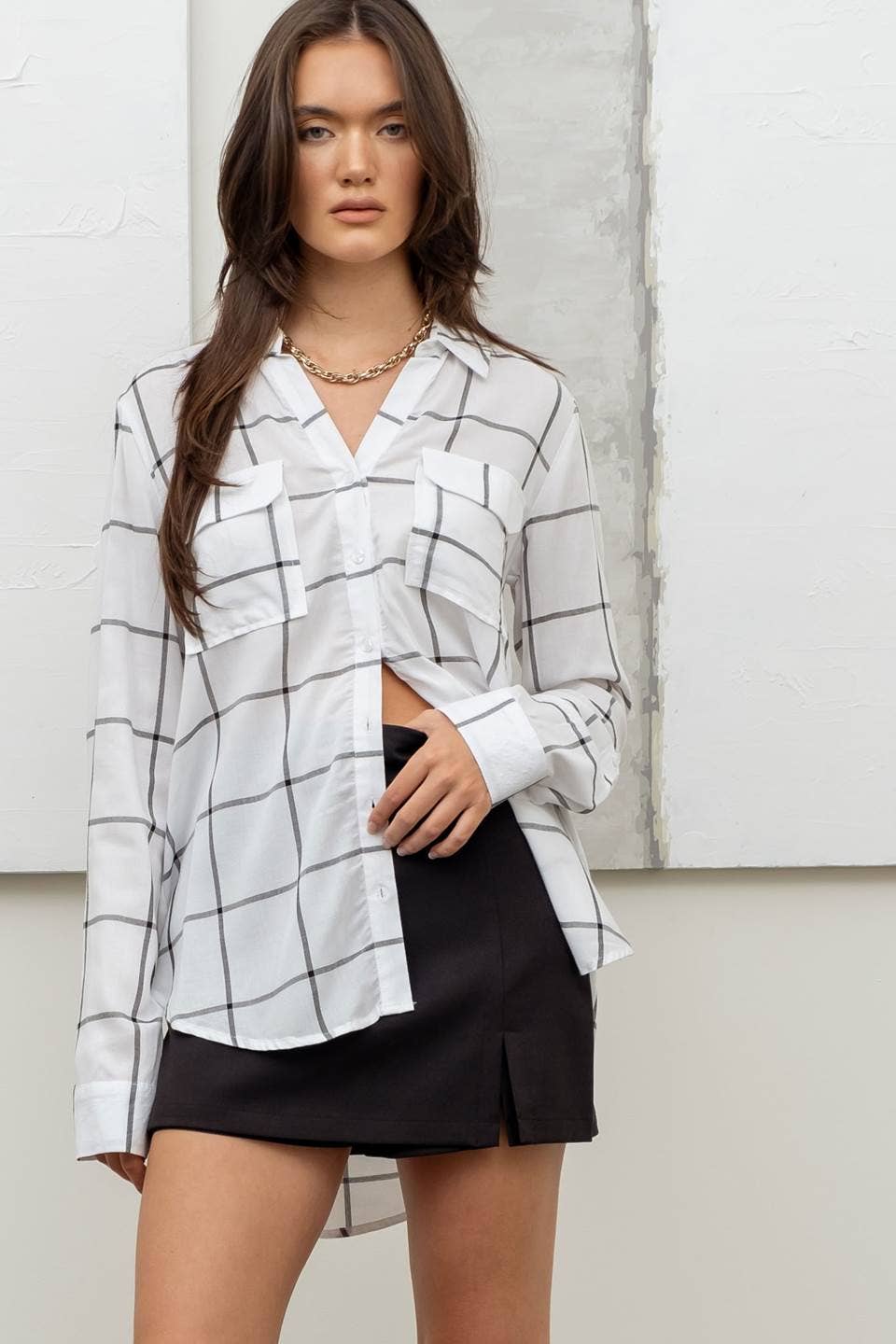 GRID BUTTON UP WOVEN TOP: BLACK