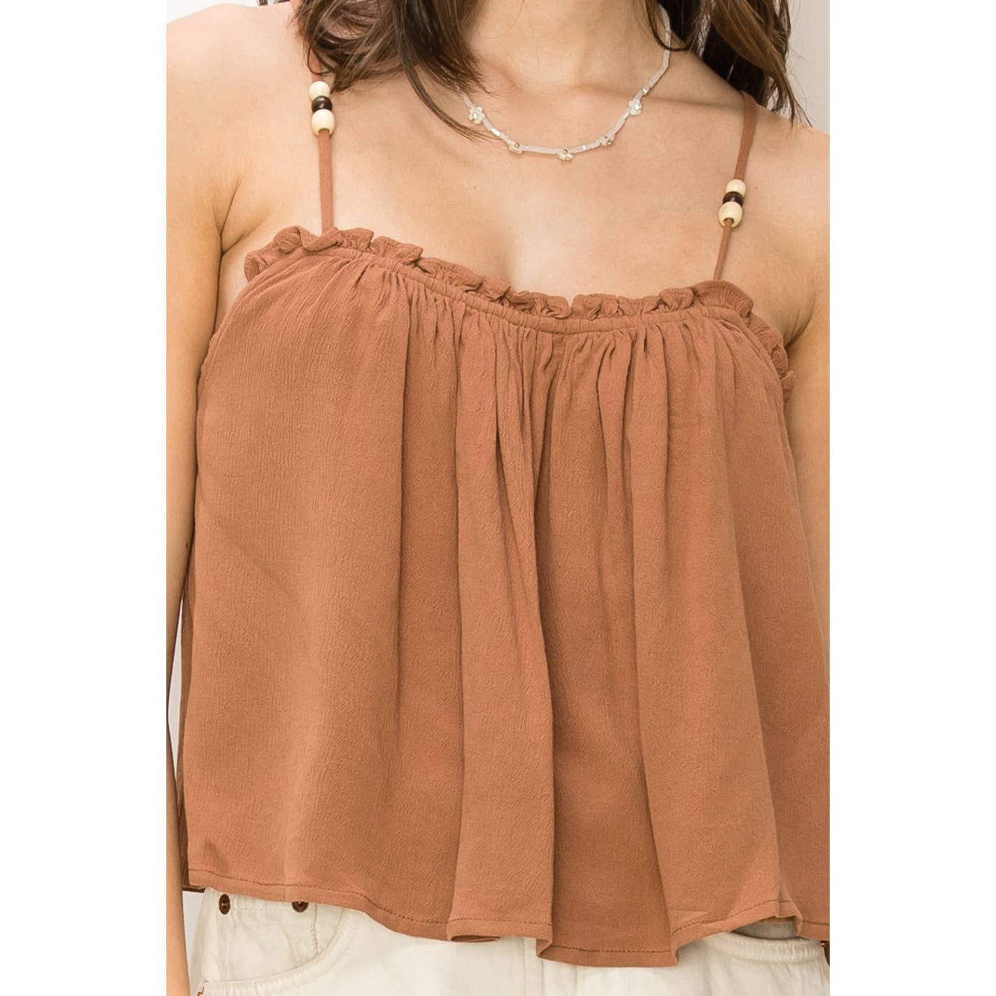 WOOD BEAD-EMBELLISHED CAMI TOP