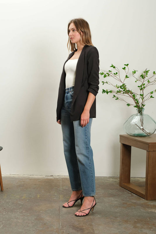 COLLARLESS 3/4 RUCHED SLEEVE BLAZER