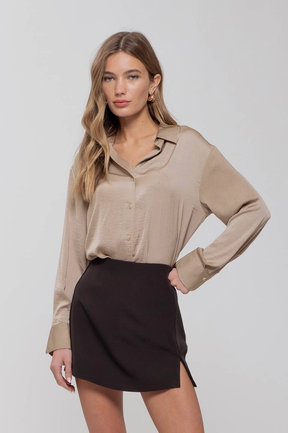 TEXTURED SATIN LONG SLEEVE BUTTON DOWN SHIRT