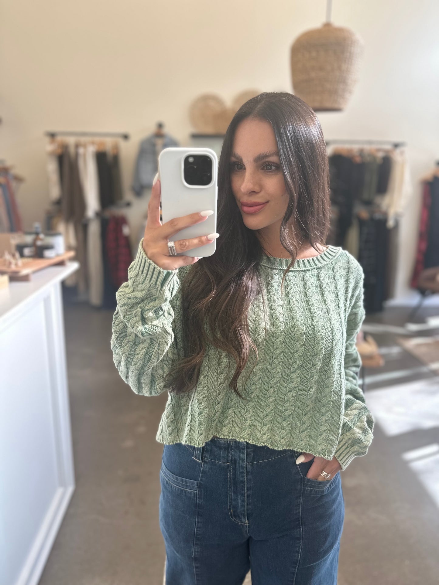 Cable Knit Sage Crop