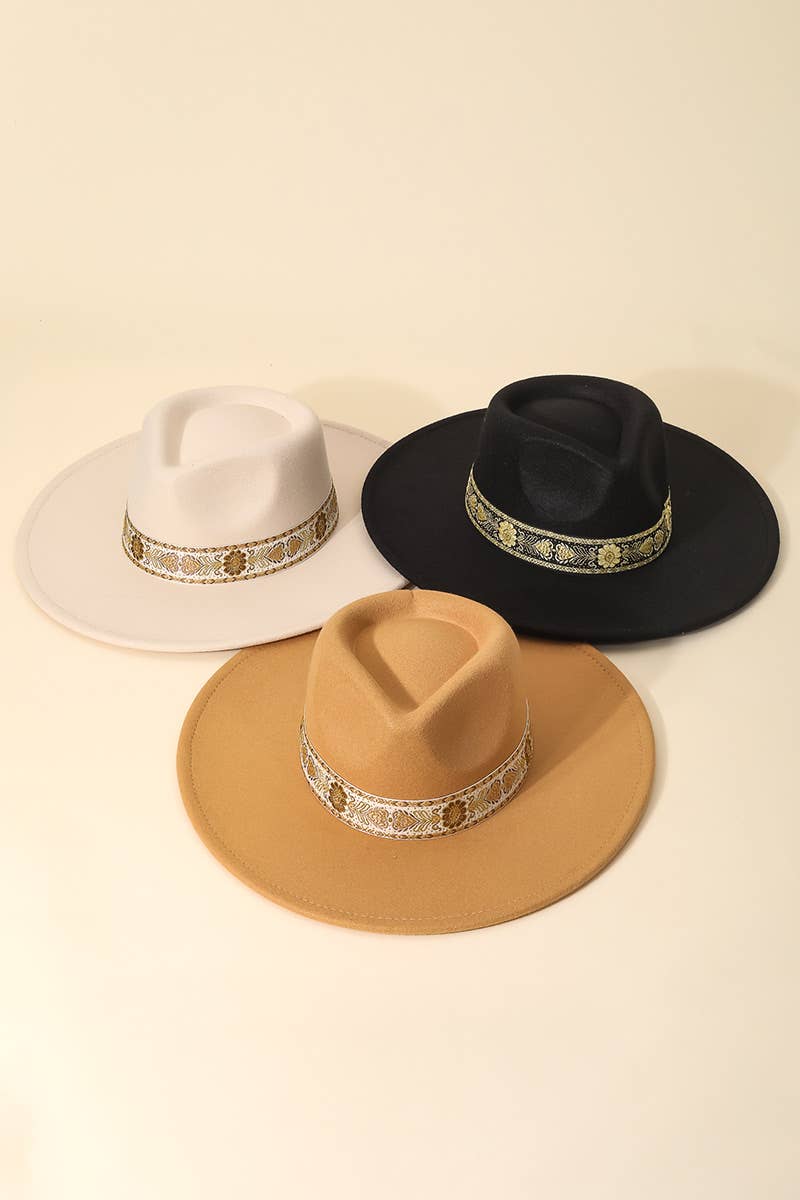 Embroidered Strap Fedora Hat