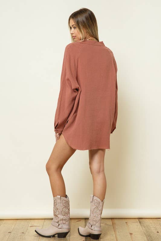 Rugged Button Down Tunic Long Sleeve Terracota