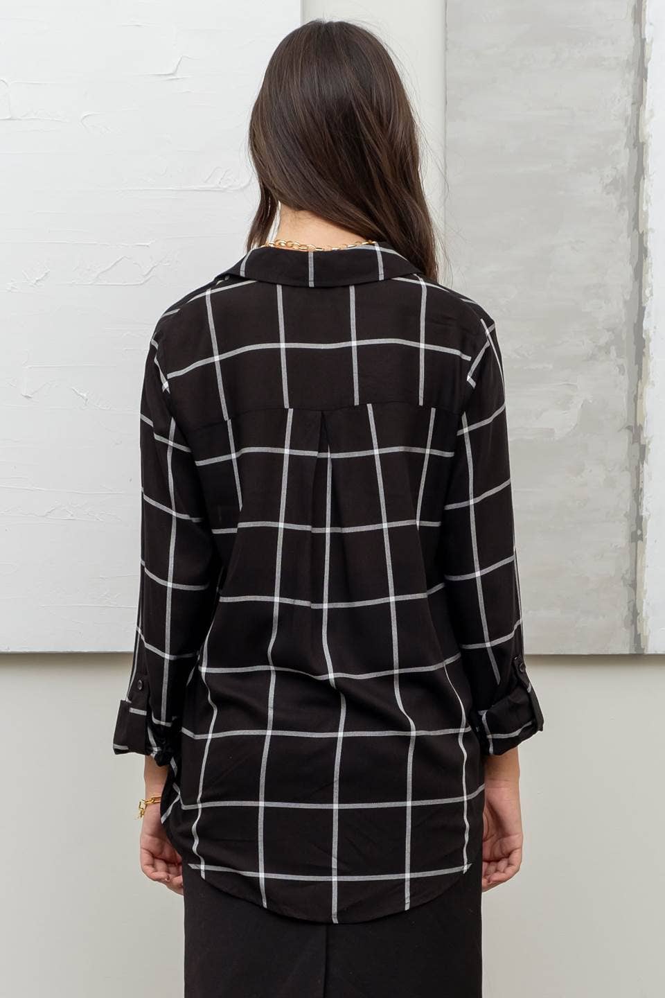 GRID BUTTON UP WOVEN TOP: BLACK