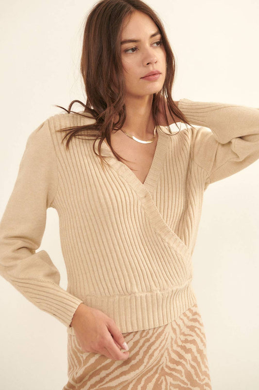 Ribbed Knit Surplice Sweater