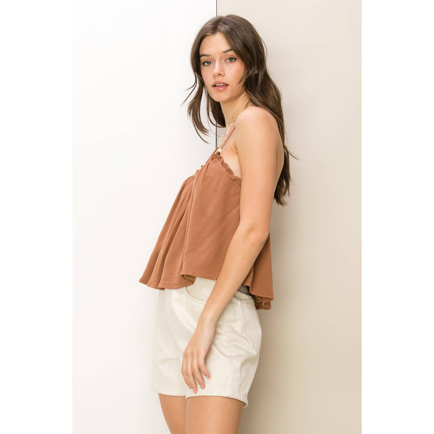 WOOD BEAD-EMBELLISHED CAMI TOP