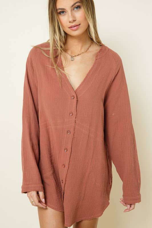 Rugged Button Down Tunic Long Sleeve Terracota