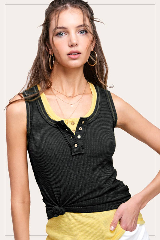 Ribbed Fabric Stitched Detail Henley Tank Top: Black