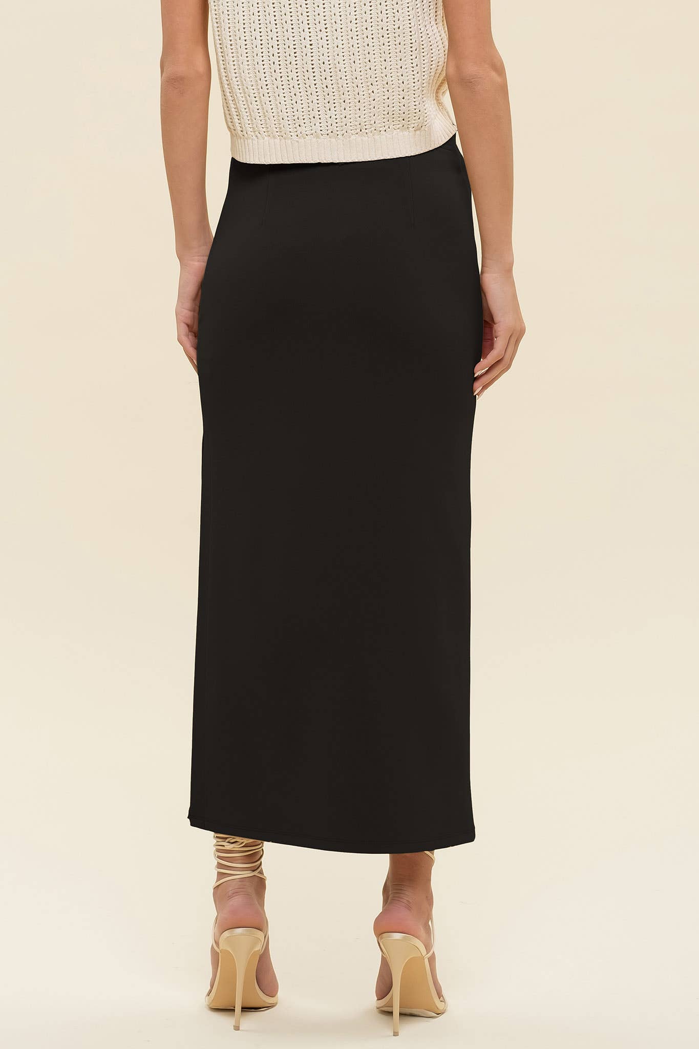 HIGH WAIST SIDE SLIT MIDI PENCIL SKIRT: BLACK