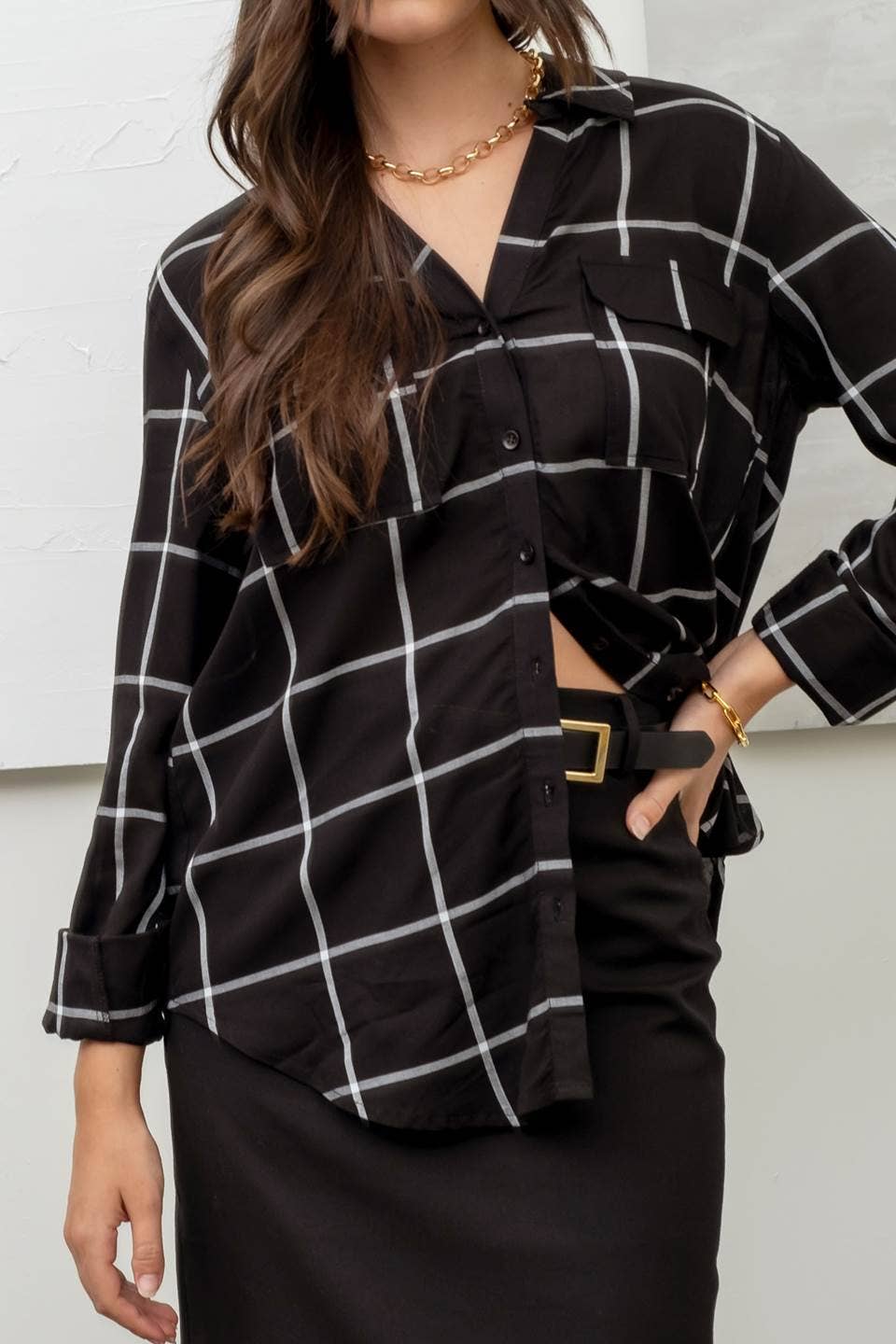 GRID BUTTON UP WOVEN TOP: BLACK