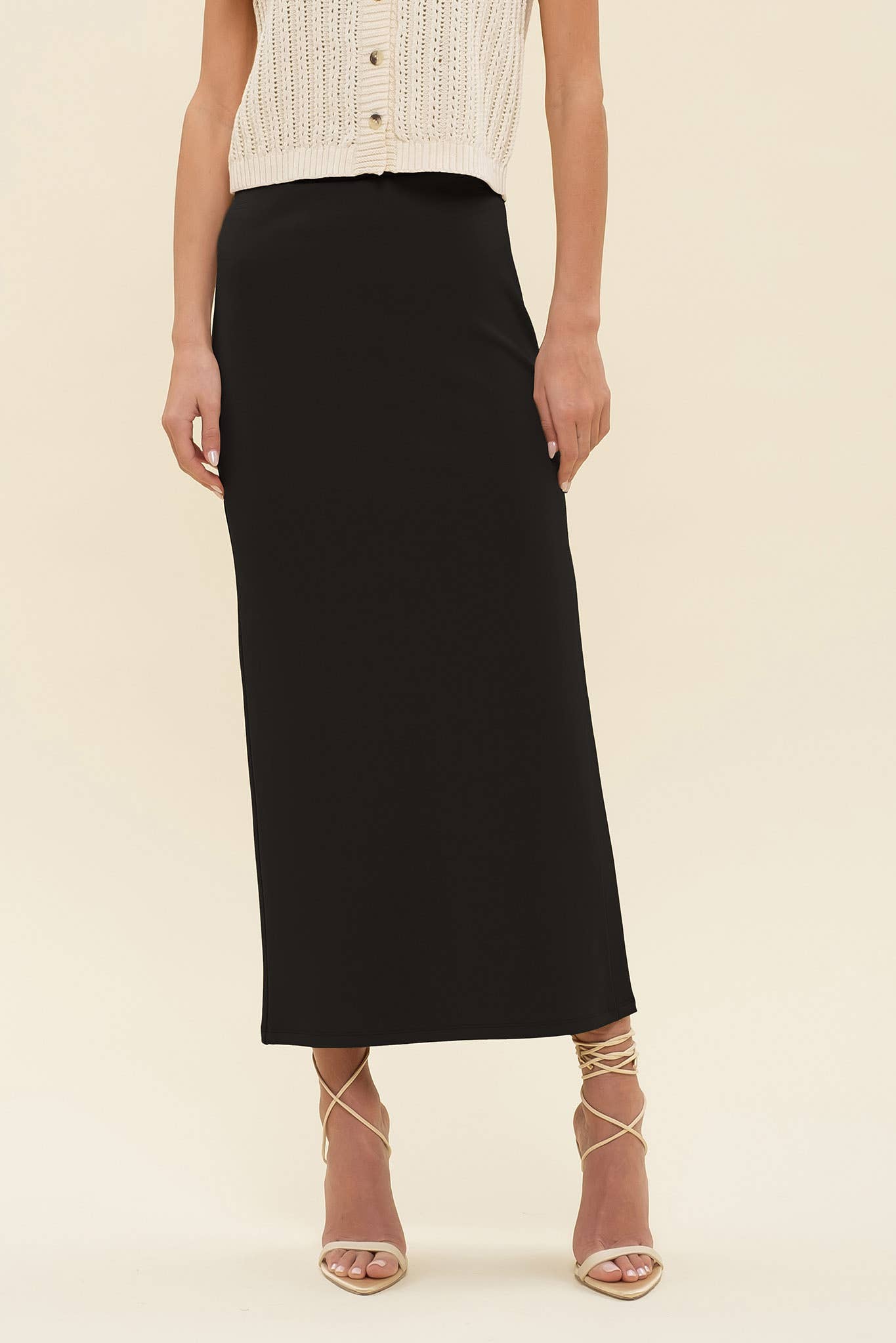 HIGH WAIST SIDE SLIT MIDI PENCIL SKIRT: BLACK