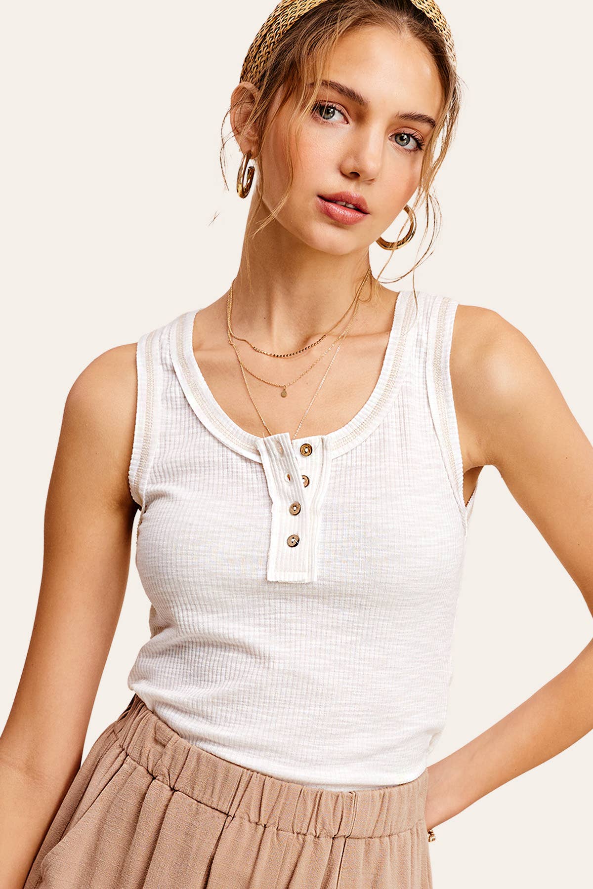 Ribbed Fabric Stitched Detail Henley Tank Top: White