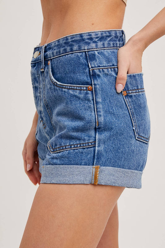 WESTERN POCKET ROLLED HEM DENIM SHORTS